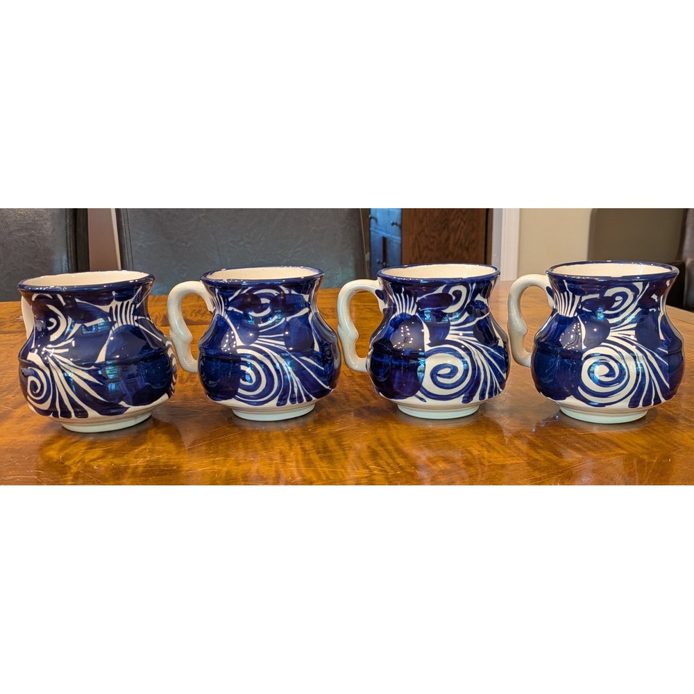 La Mexicana Talavera Taza Mexico Coffee Mug Set of 4 Brilliant Blue and White - Picture 2 of 9